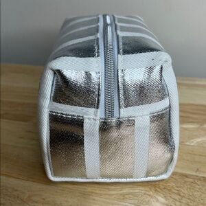 Silver and White Striped Cosmetic Bag